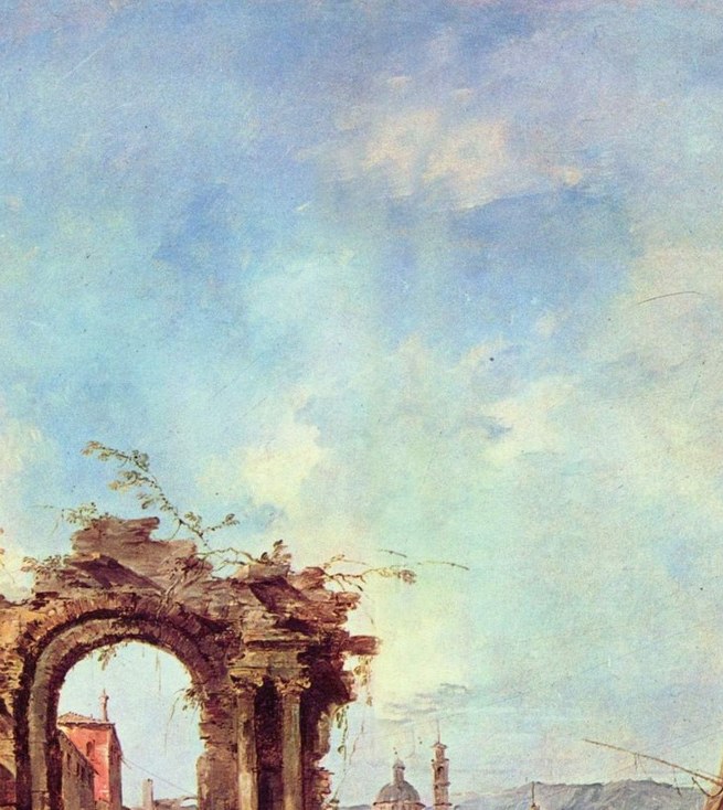 A ruined arch, small figures, a red-sailed boat.