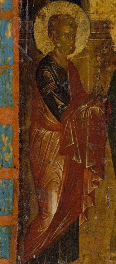 One figure on the left holds a book, emphasizing the scriptural context.