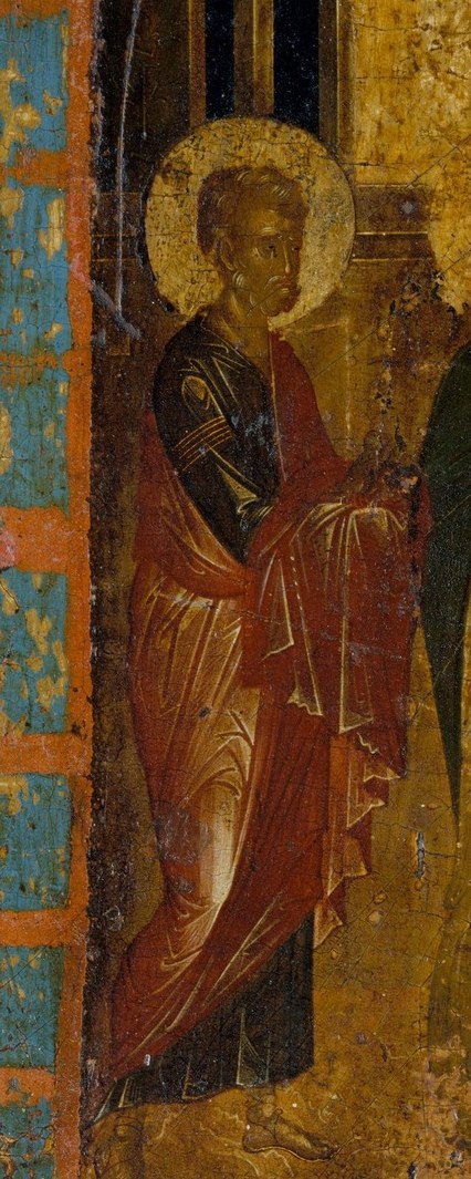 His halo signifies holiness, and his gesture suggests a blessing or acceptance of the offering.