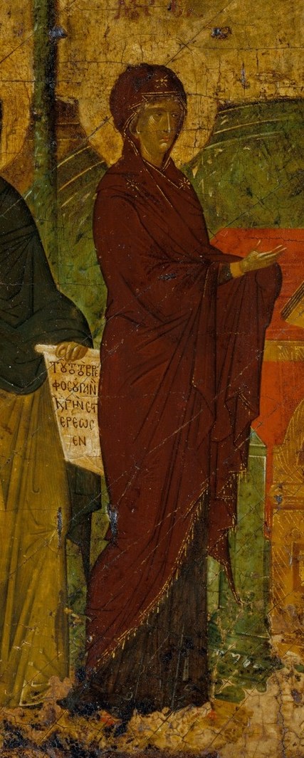 Here, two women offer a child for dedication.