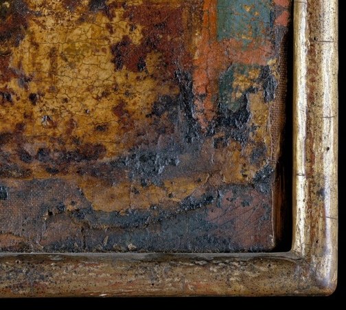 The worn paint texture tells us of the painting's age and history.