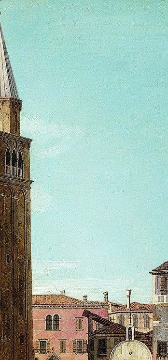 The vertical axis of the entire composition , Canaletto uses the tower to anchor spatial recession and demonstrate command of linear perspective