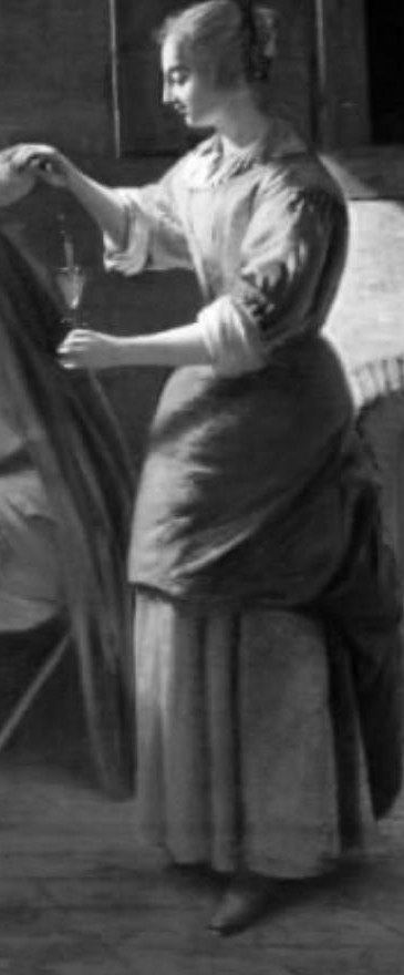 A woman serves a drink, her face unreadable.
