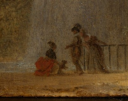 A group of figures enjoys the powerful waterfall.