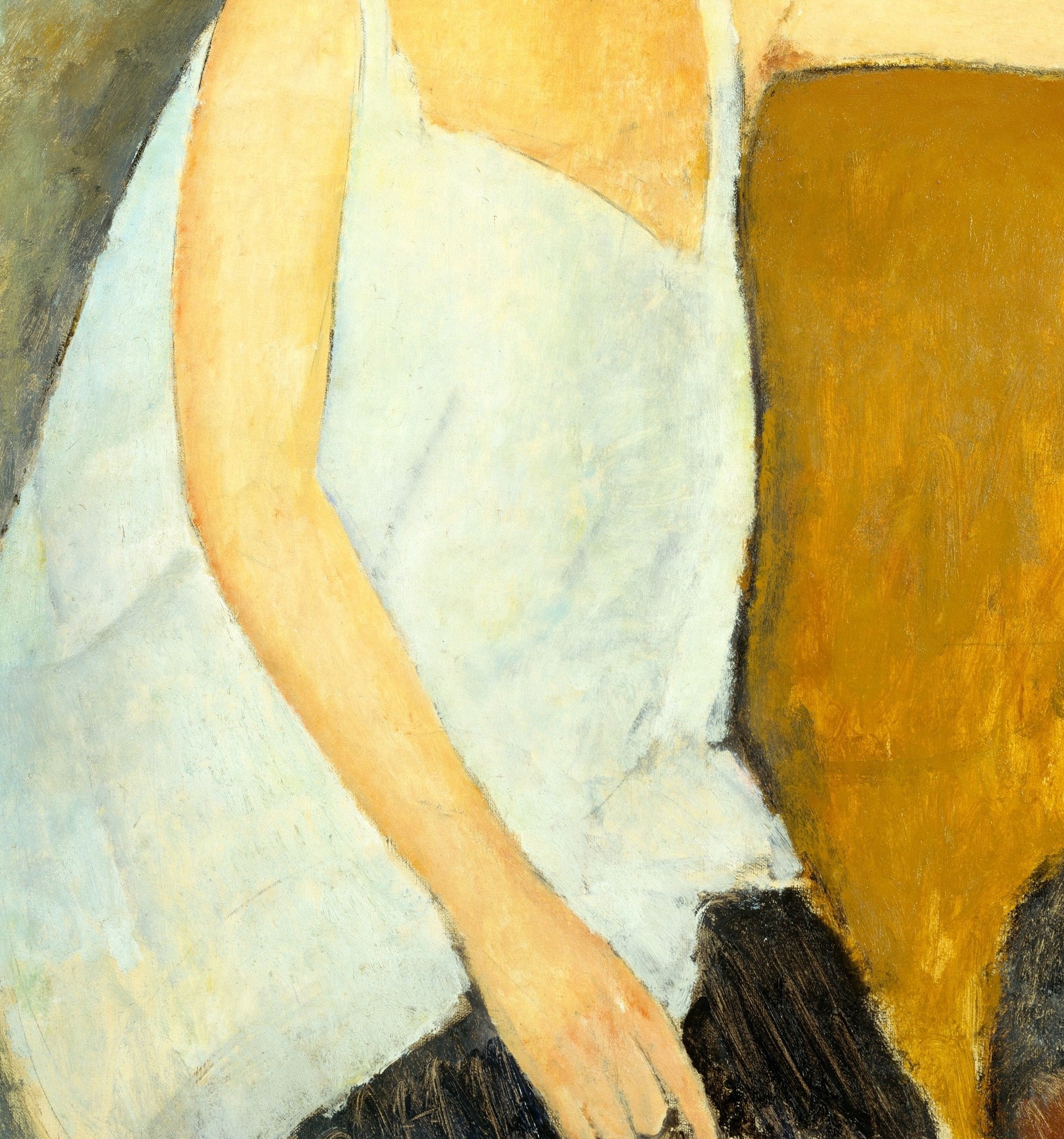 The simple, flowing white fabric contrasts with the warmer tones of the background and her skin, drawing attention to her form.
