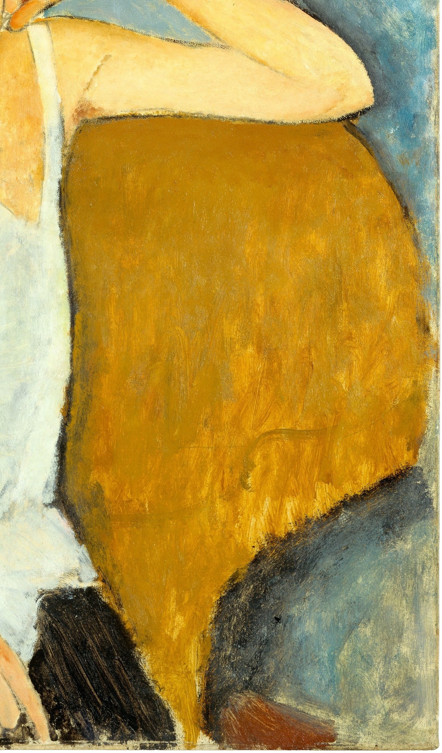The rich, textured ochre of the chair provides a warm, grounding element that balances the coolness of her skin and dress.