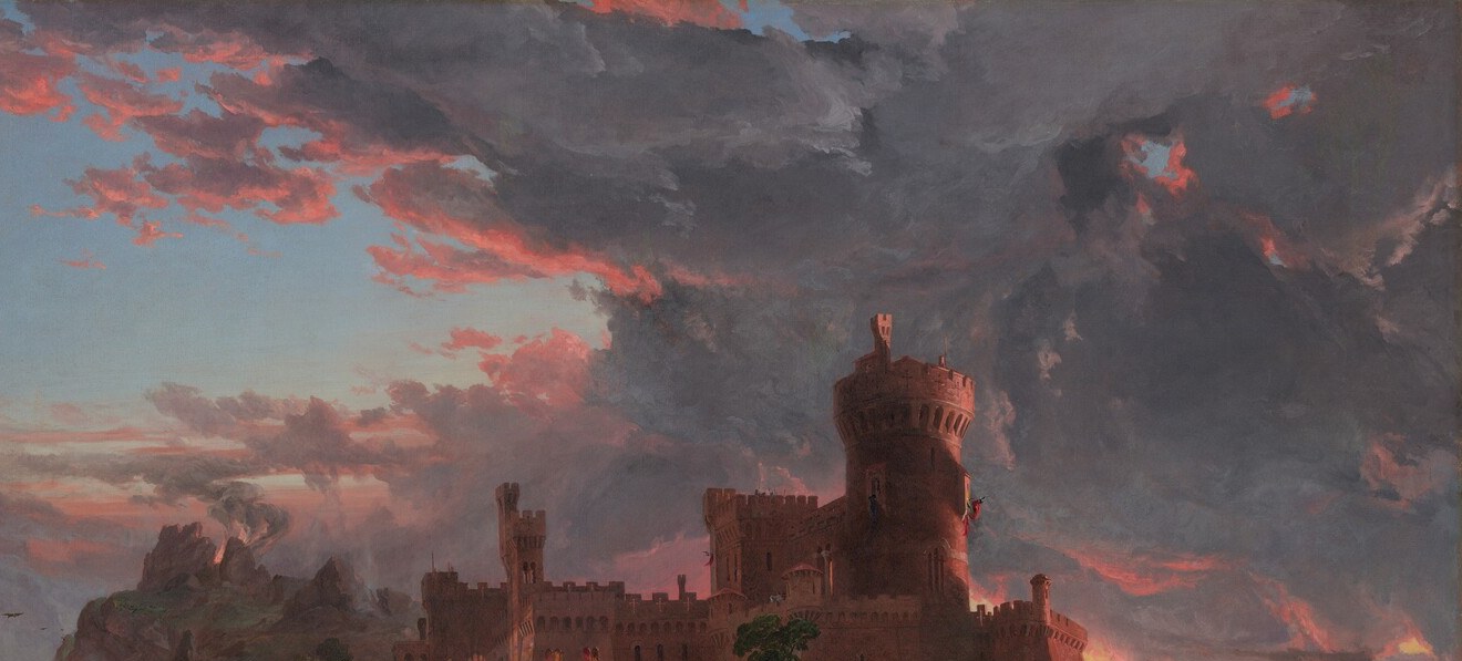 The lurid crimson glow reads simultaneously as sunset and reflected fire from below , Cropsey's Cole-inspired trick for encoding destruction in the atmosphere itself
