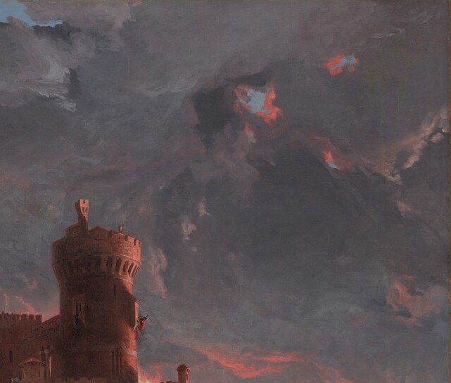 The densest cloud mass sits above where no fortress stands, as if the sky itself is massing forces , painterly rhetoric borrowed directly from Cole's Course of Empire