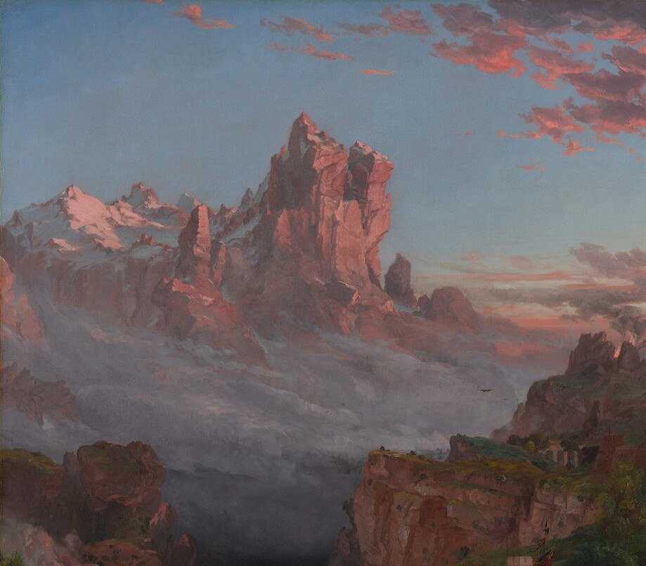 The dominant fortress clinging to rocky heights anchors the allegory of war's entrenched power , battlements silhouetted against a stormy sky read as civilization under strain