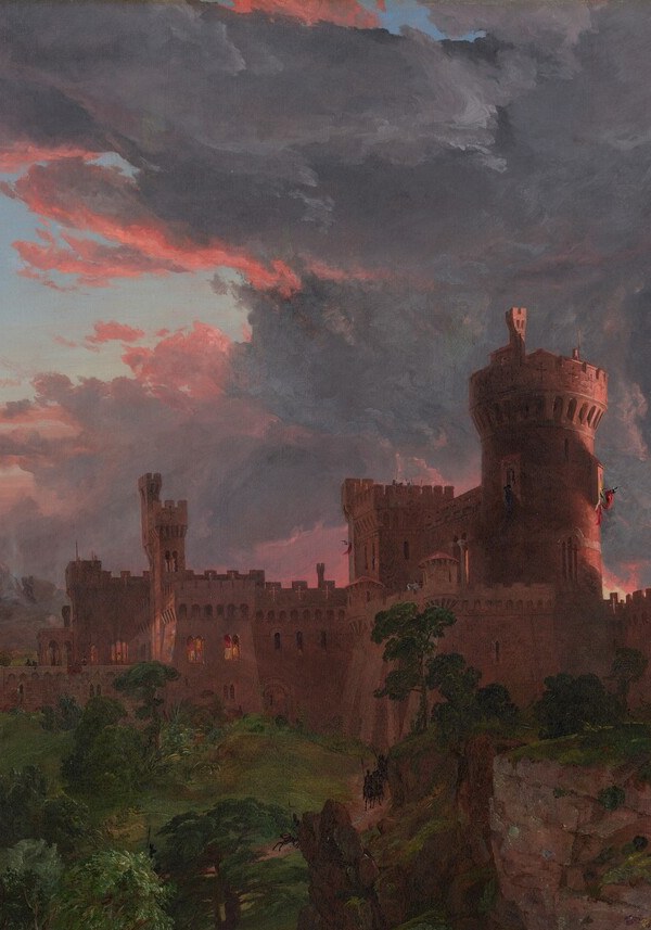 A second fortification balances the composition and reinforces the theme of a landscape entirely militarized , nowhere is safe or neutral