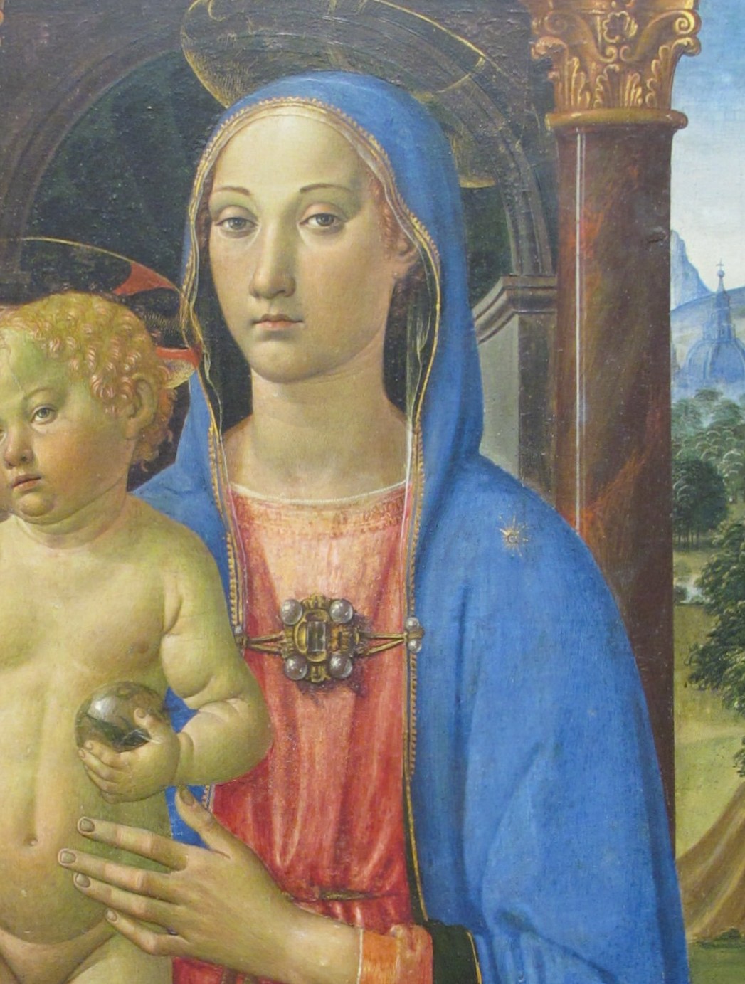 Active, reaching infant posture gives the Child agency; contrast with the Madonna's stillness dramatizes the human-divine tension central to Quattrocento devotion.