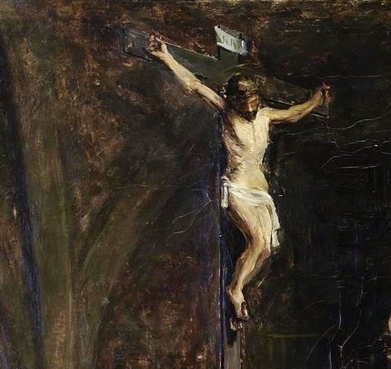 A prominent crucifix oversees the devotional practice.