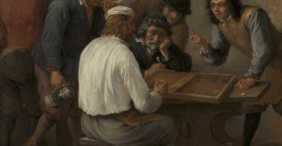 A game of backgammon, mid-play.