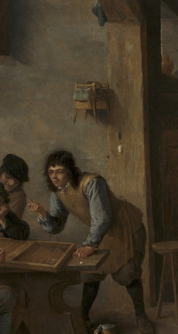 His upright posture against the central column creates a compositional spine and suggests the social hierarchy of the audience around the players.