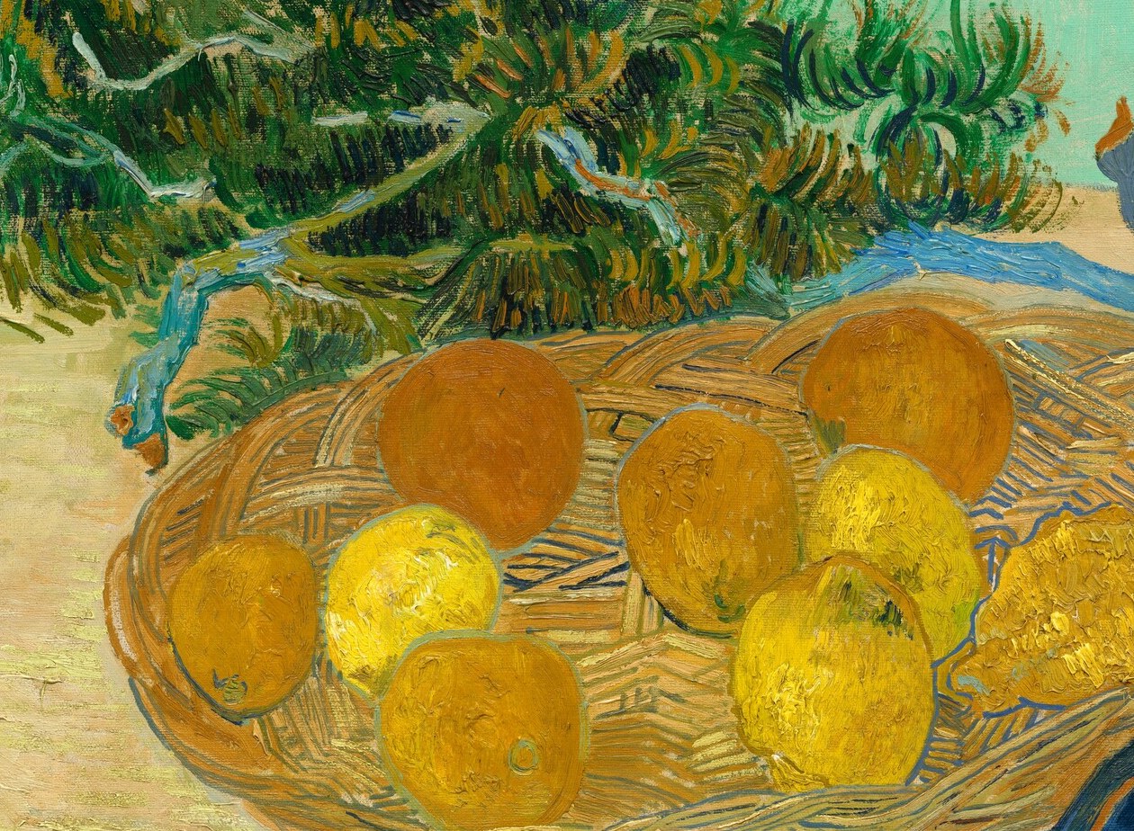 Warm saturated spheres painted with thick impasto swirls , each orange is a small demonstration of how Van Gogh used directional brushwork to model roundness