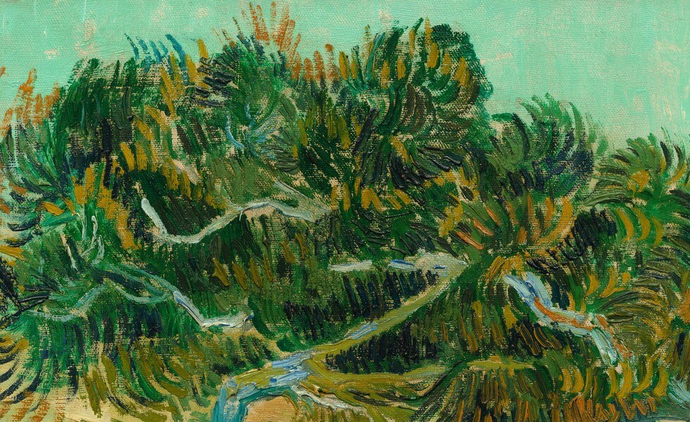 Sinuous, almost agitated brush strokes that prefigure the swirling skies of his later work; the branch pushes into the frame from above like a natural frame within the frame