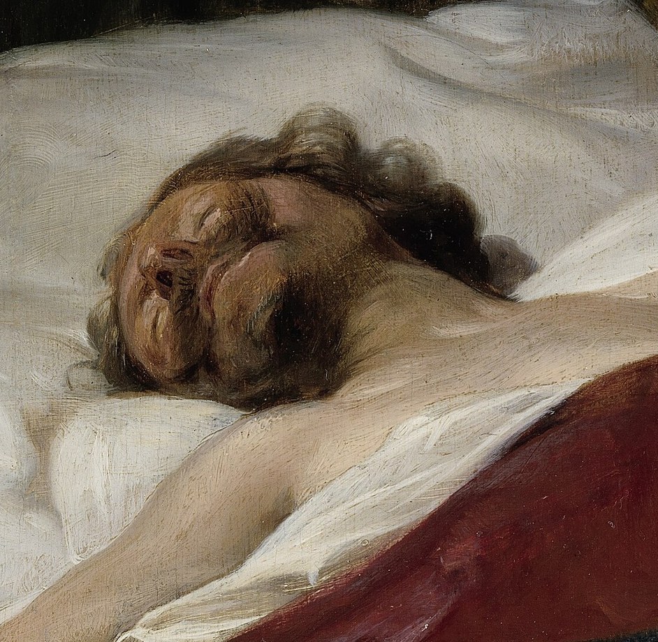 The slackness of his head and closed eyes suggest his vulnerability and the impending doom.