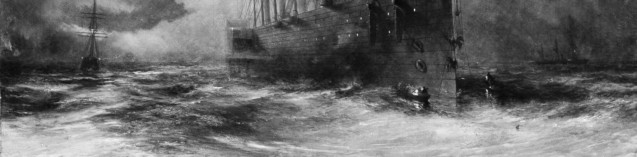 The churning waves and dark clouds show the high stakes.