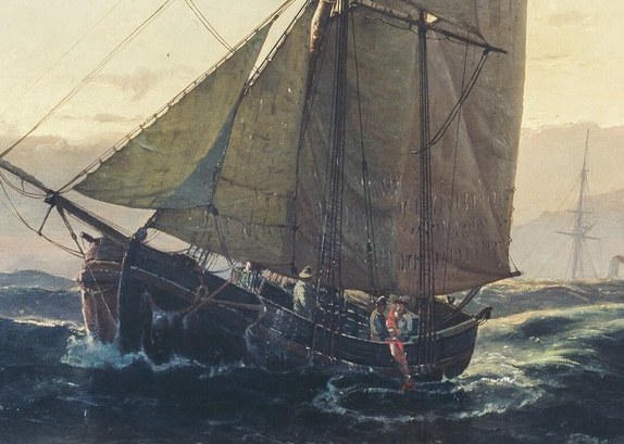 The dark hull cuts through the choppy waves, conveying the power and resilience of the vessel.