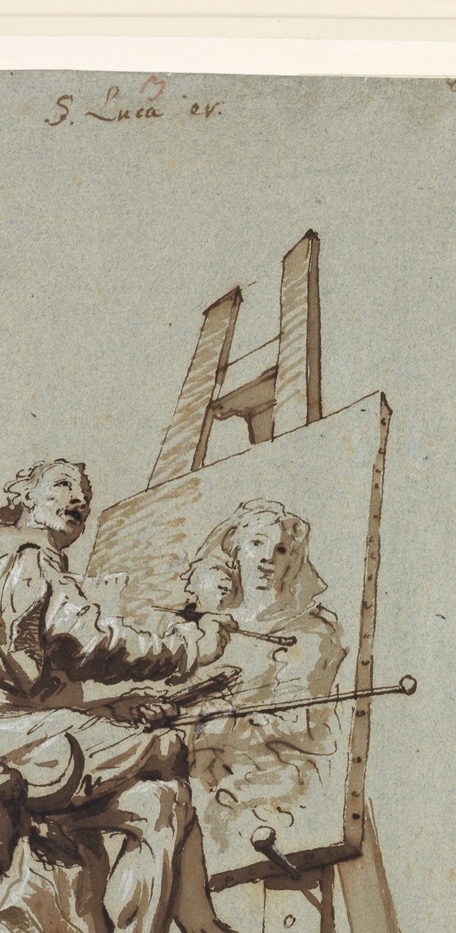 The canvas occupies the compositional center and mediates between Luke and the Virgin , art as intercessory object, a picture-within-a-picture recursive loop