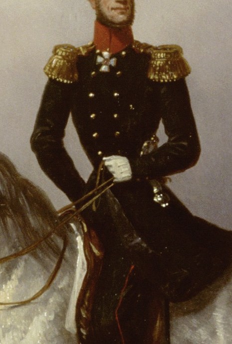 He wears a dark military uniform with gold trim.
