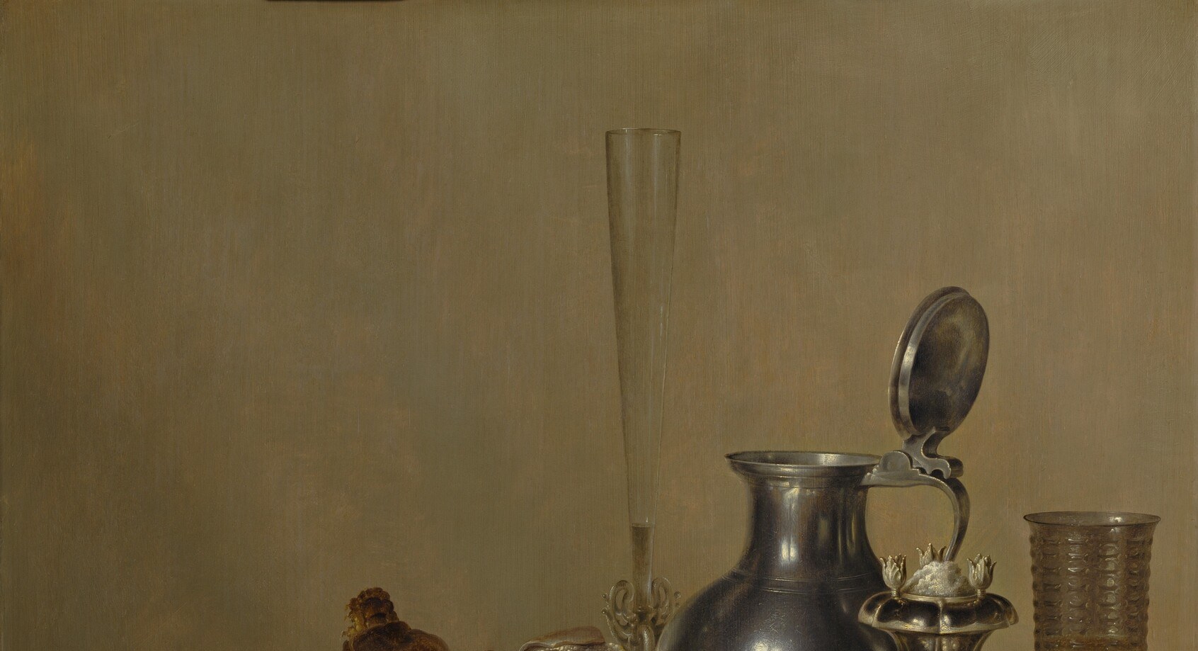 The featureless warm-black ground is the compositional engine: it obliterates space and pushes every lit surface forward, a technique Gerret inherited directly from his father Willem Claesz Heda