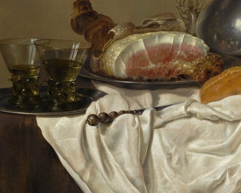 The titular centerpiece , rosy-pink flesh against white linen demonstrates the painter's mastery of material surface; its wealth-signal status anchors the vanitas reading of the whole scene