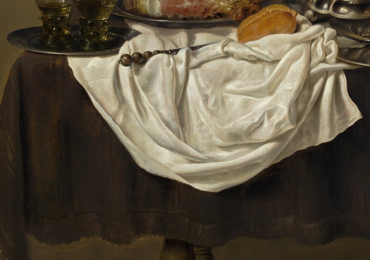 The supreme technical set-piece , white-on-white fold painting in raking light is the definitive test of a Dutch still-life master; the crumpling implies recent human presence