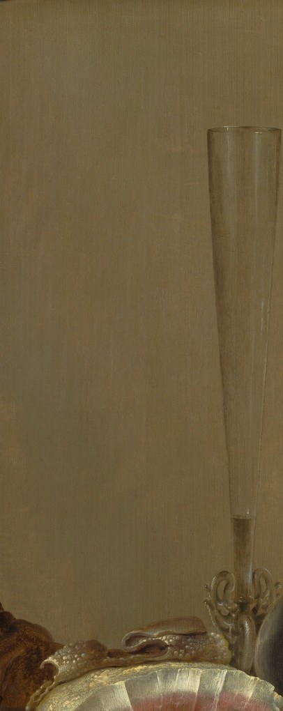 A tour-de-force of transparency , the stem, bowl, and rim catch light against the dark background; its extreme height and fragility make it the painting's implicit memento mori