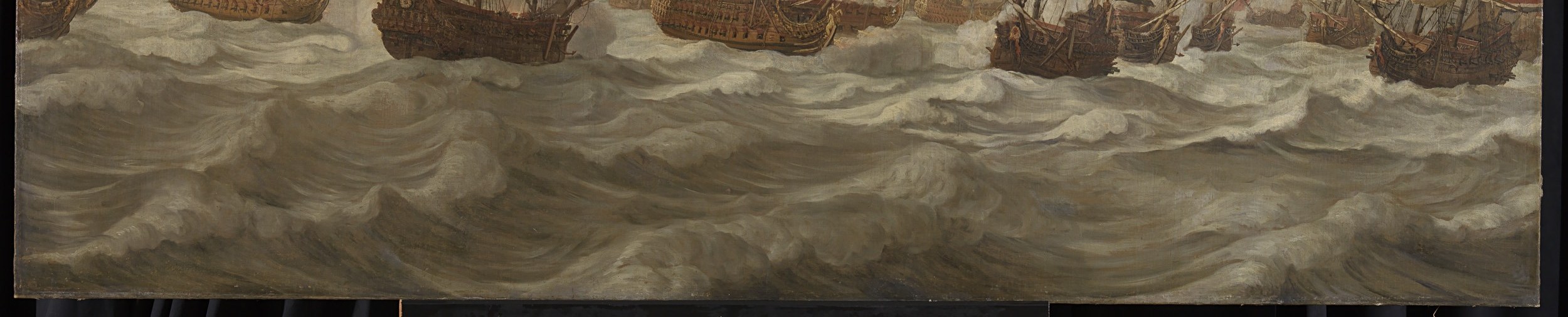 The dynamic rendering of the sea emphasizes the perilous conditions faced by the ships.