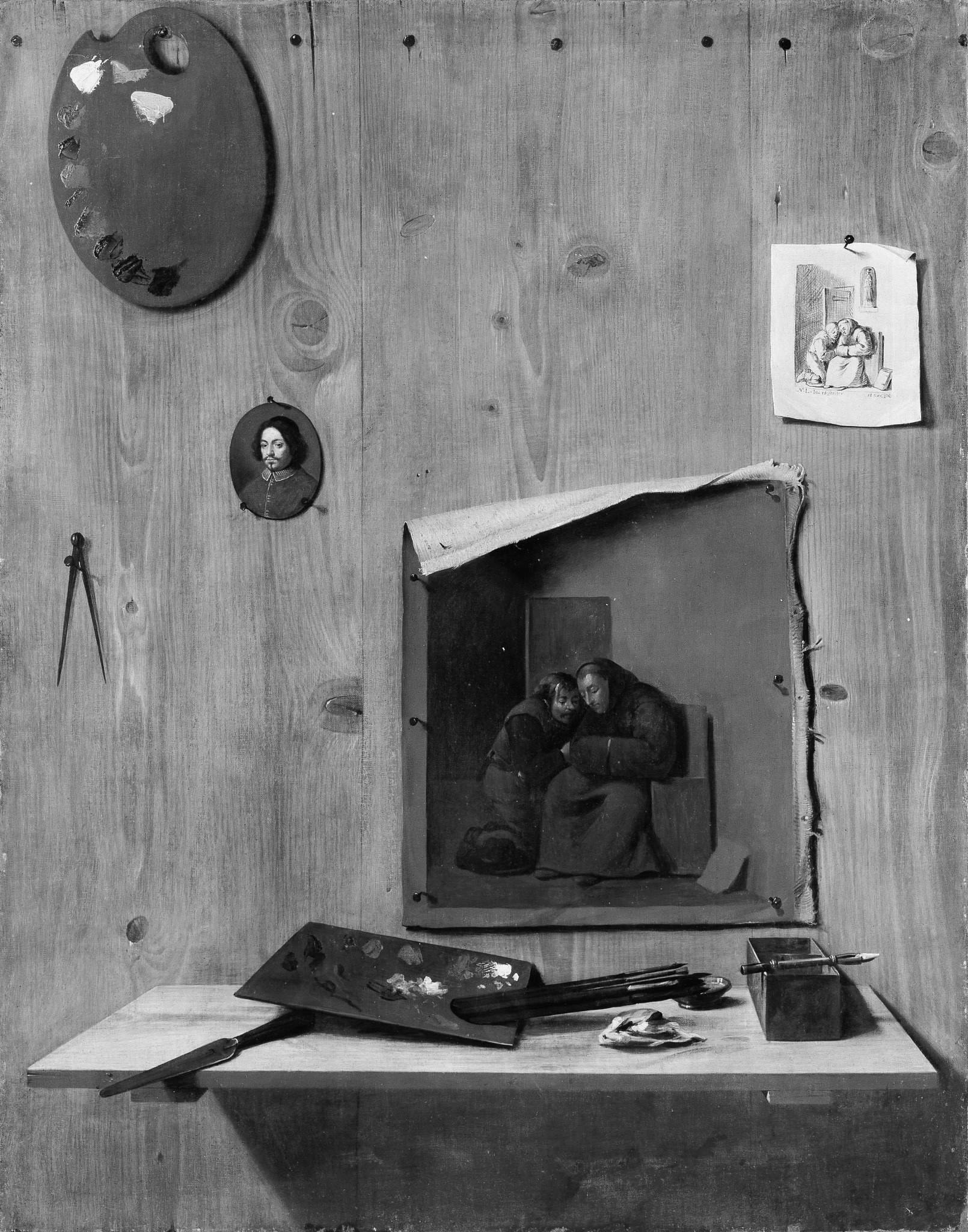 The entire background is rendered to look like a wooden surface, a key element of the trompe l'oeil effect.