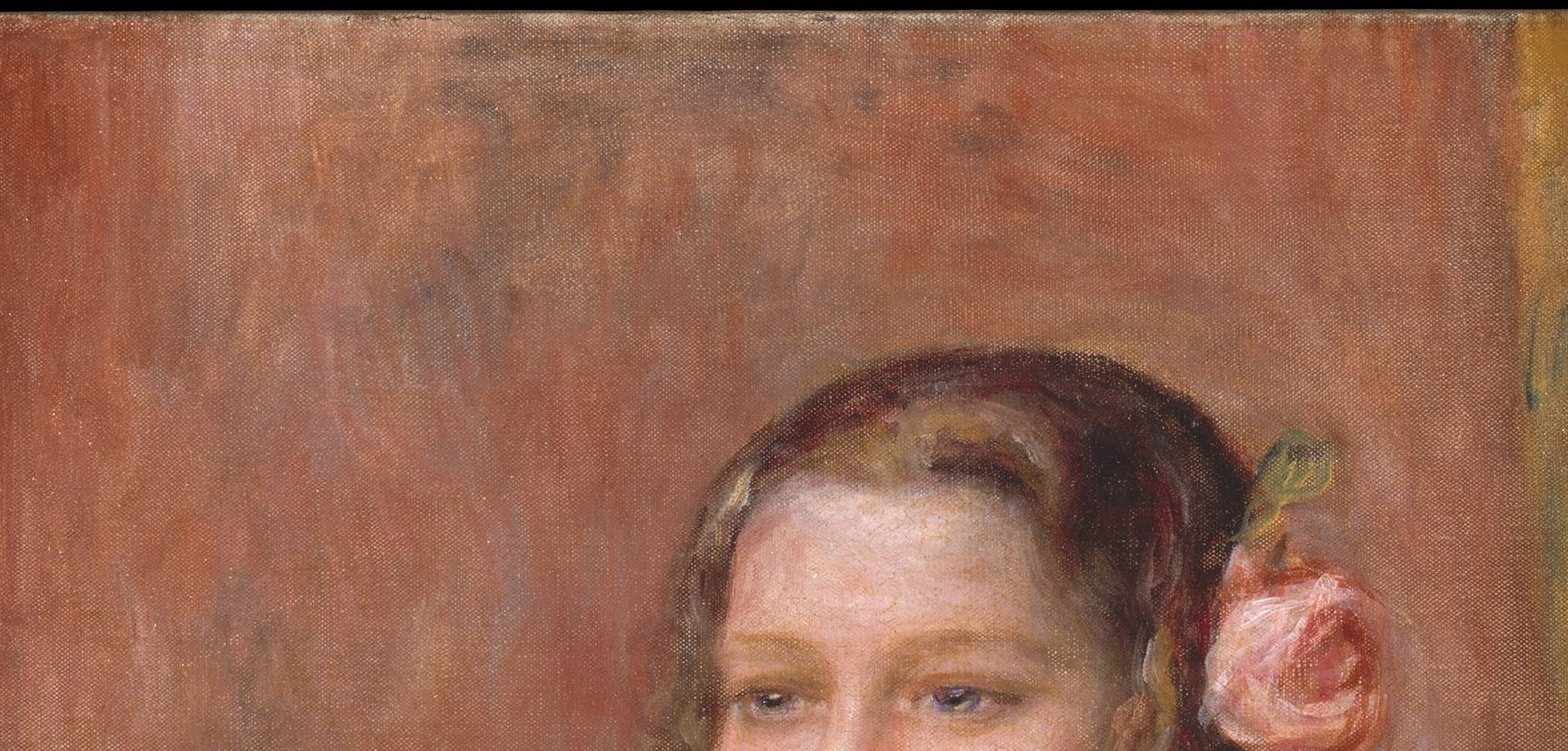 The dark hair crowns the pyramid and anchors the composition; executed with loose, confident strokes , remarkable from a painter who had his brush tied to arthritic, deformed hands