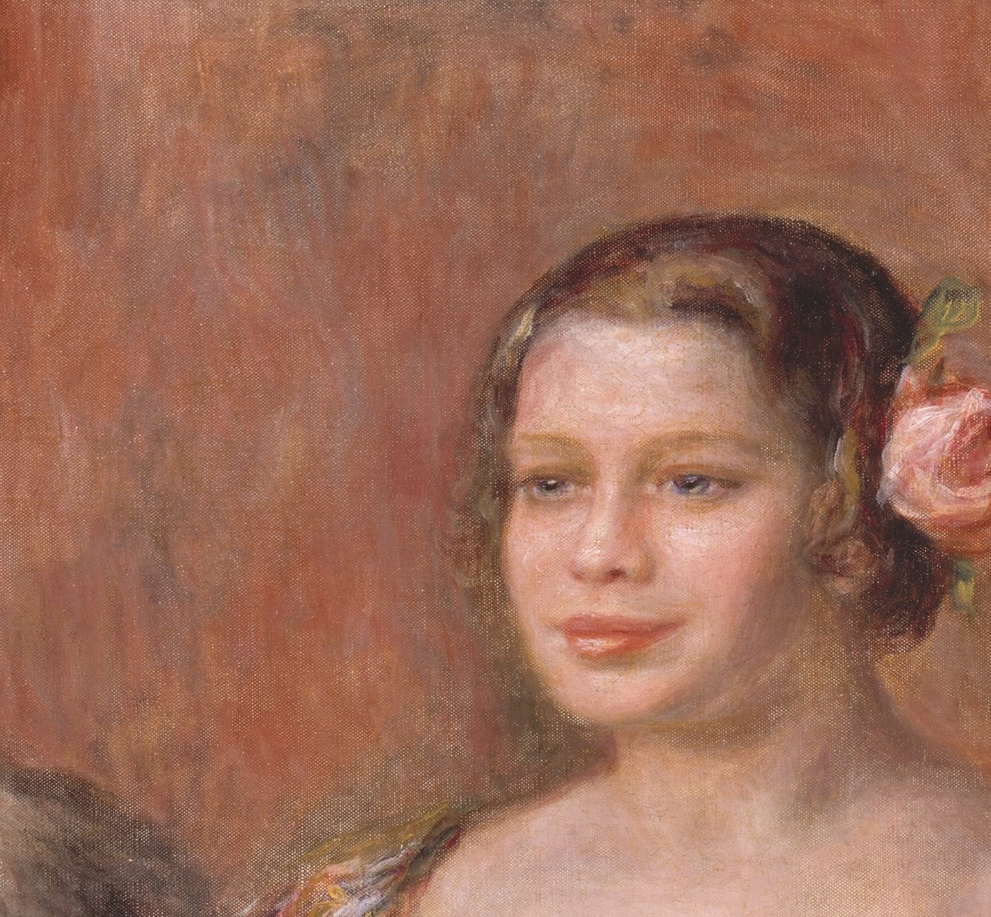 Central subject; her averted gaze reads as interior and private , unusual for a commissioned portrait and striking given she was a celebrated public actress