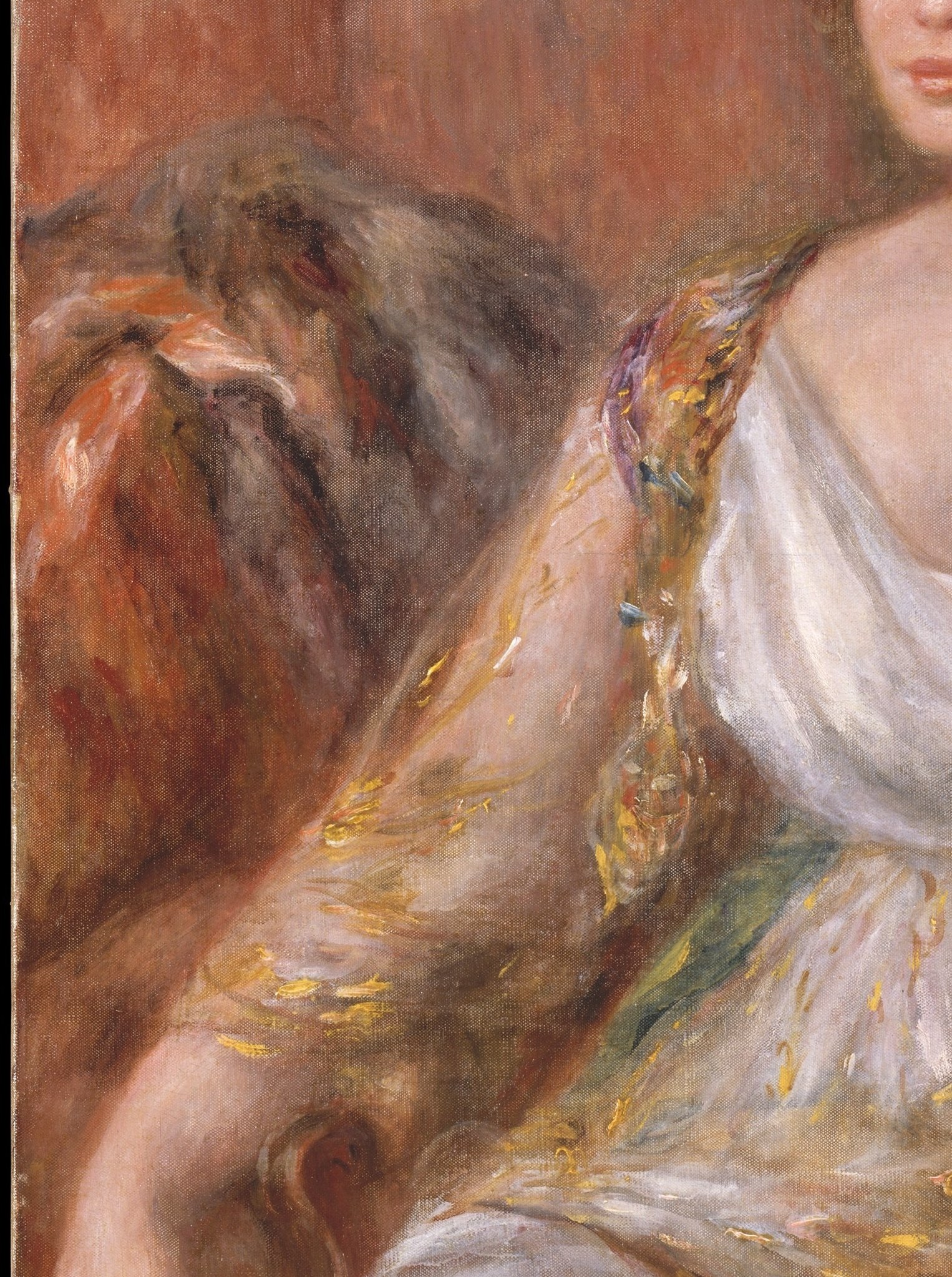 The warm amber wrap forms the pyramid's left edge and creates the painting's essential tension: warm gold against cool white, the late-Renoir palette in miniature