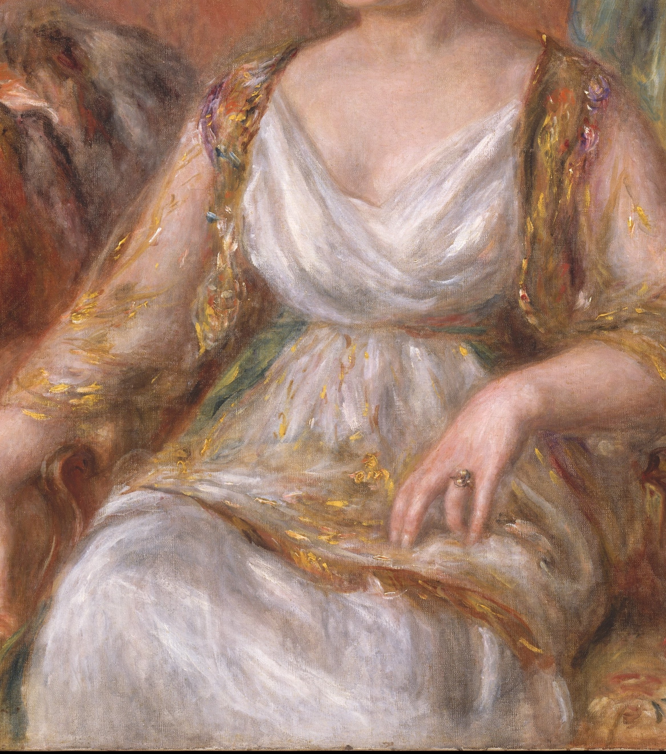 Designed by couturier Paul Poiret for Durieux's 1913 role as Eliza Doolittle in Pygmalion , the garment is simultaneously fashion history, theatre history, and the painting's dominant visual mass