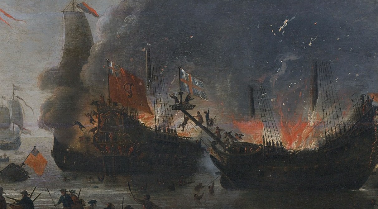 Behind them, English warships burned at anchor.