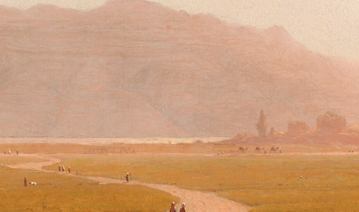 The road leads the eye from foreground to the glowing horizon, acting as a narrative spine through the flat terrain