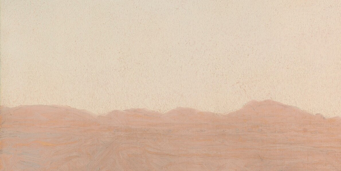 The escarpment above Siout (Asyut) , its warm buff tone merging with haze anchors the scene geographically and shows Gifford's ability to render mass dissolving in light