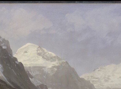 Compositional anchor flooded with brilliant white light against a moody sky , Bierstadt's signature theatrical illumination condensed into field-sketch shorthand.
