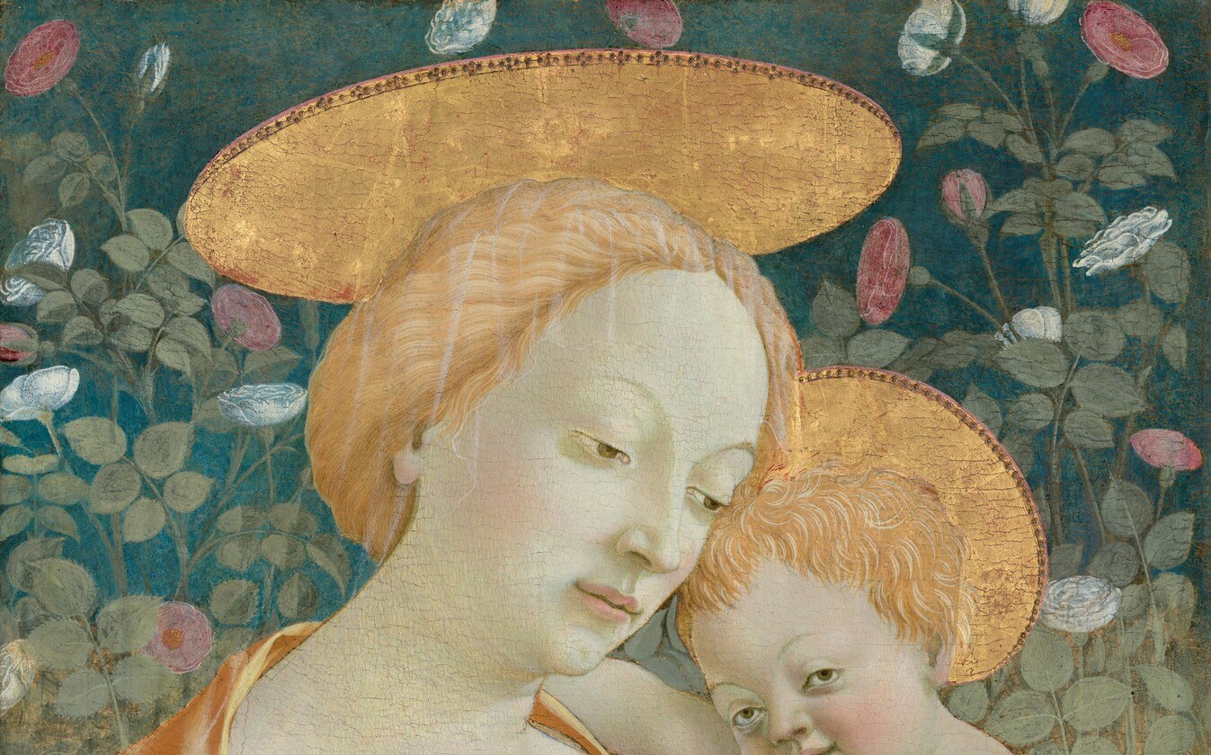The hortus conclusus (enclosed garden) is explicit Marian symbolism , the rose thicket identifies this space as the Virgin's garden of purity and pre-empts any ordinary domestic reading.
