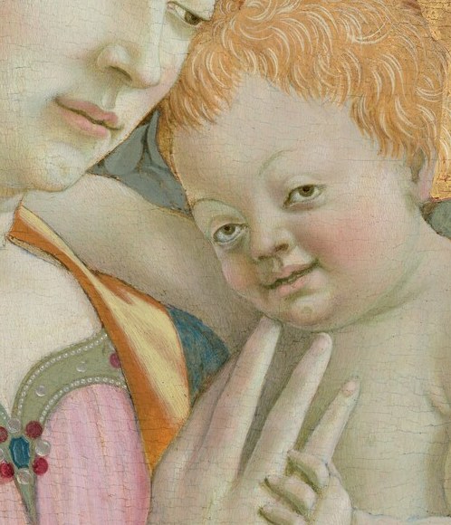 The infant looks outward rather than at his mother , an early-Renaissance device that breaks the fourth wall and implicates the viewer directly in the sacred encounter.