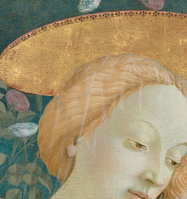 Mary's downward gaze and luminous flesh tones are the emotional anchor of the composition; the slight tilt conveys maternal absorption.