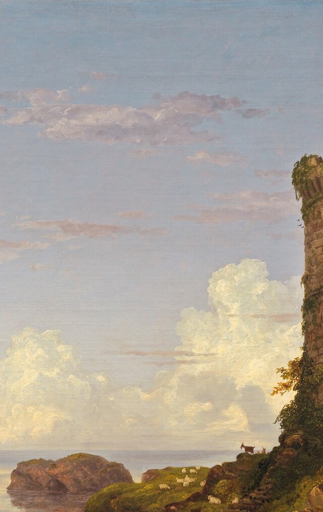 The painting's structural anchor , ivy-draped stonework implies centuries of decay, Cole's recurring memento mori for vanished civilizations