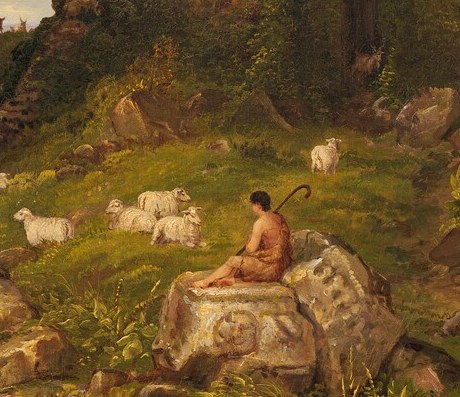 The contemplative human soul Cole feared the market would reject , gaze directed toward the distant vessel encapsulates Romantic longing vs. rootedness