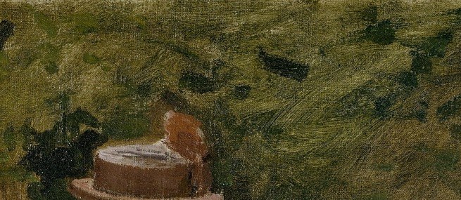 The feather is a period-specific detail signaling a bourgeois domestic world recovering from the Franco-Prussian War; its diagonal cuts against the round hat brim with graphic confidence.
