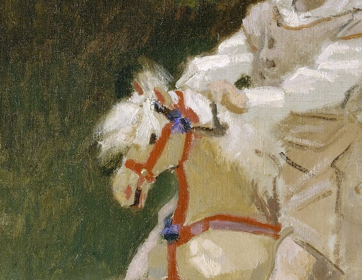 The horse head is the painting's pivot: brightly lit white against the sandy ground, its red bridle a vivid accent that shows Monet deploying colour strategically in an otherwise muted palette.