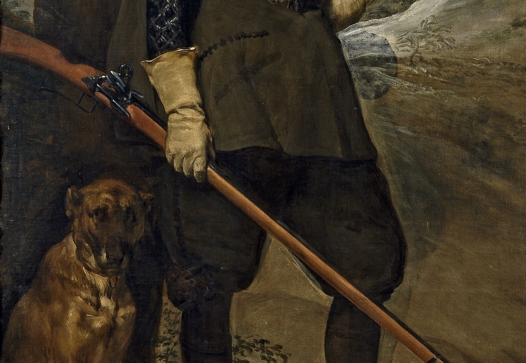 He is dressed for a hunt, rifle in hand, with his dog.