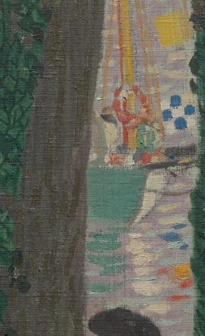 Its sails and rigging are rendered with a decorative, almost abstract quality, suggesting a festive atmosphere.
