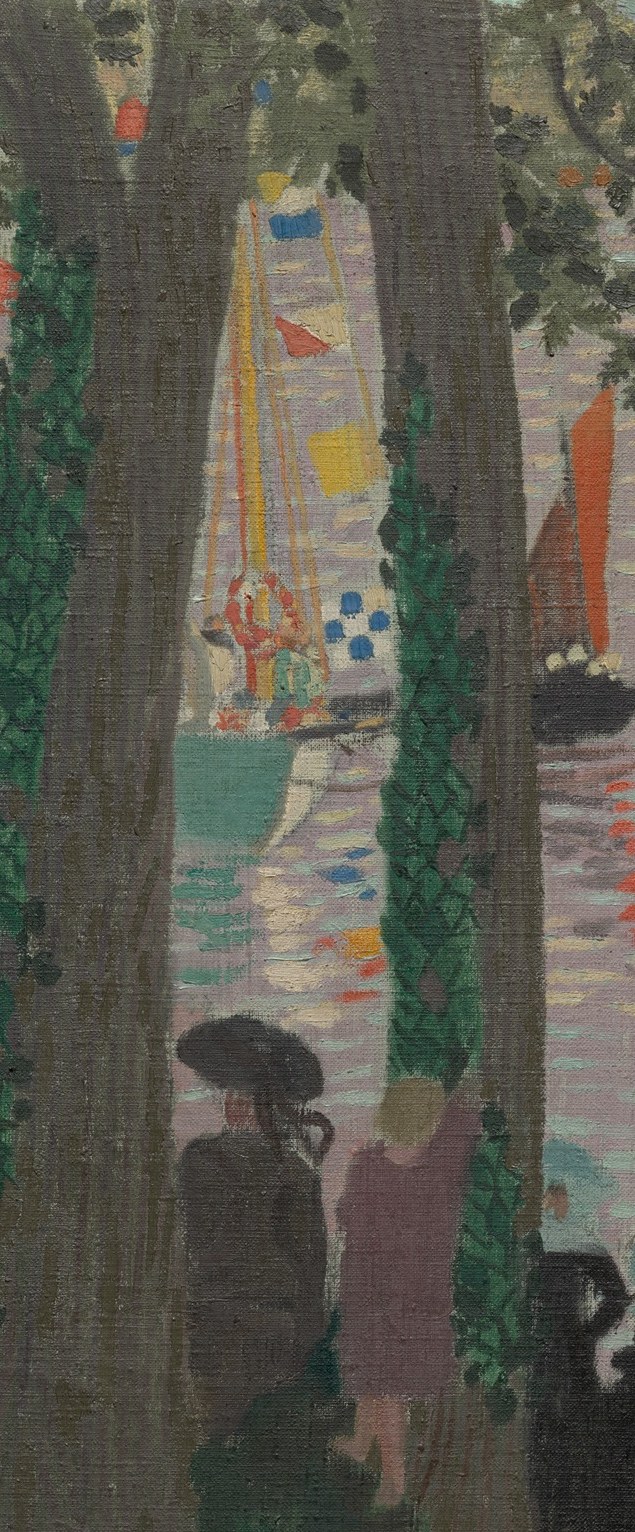 These dominant vertical elements frame the central scene and contribute to the lush, naturalistic atmosphere.