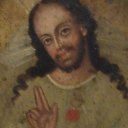 The serene, direct gaze of the central figure invites contemplation of divine presence.